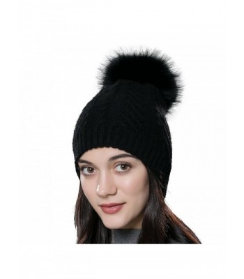 URSFUR Womens Winter Bobble Hat Unisex Wool Knit Beanie Cap with Fur Ball Pompom - Black With Fox Fur Pompom - CK12N23NCMT