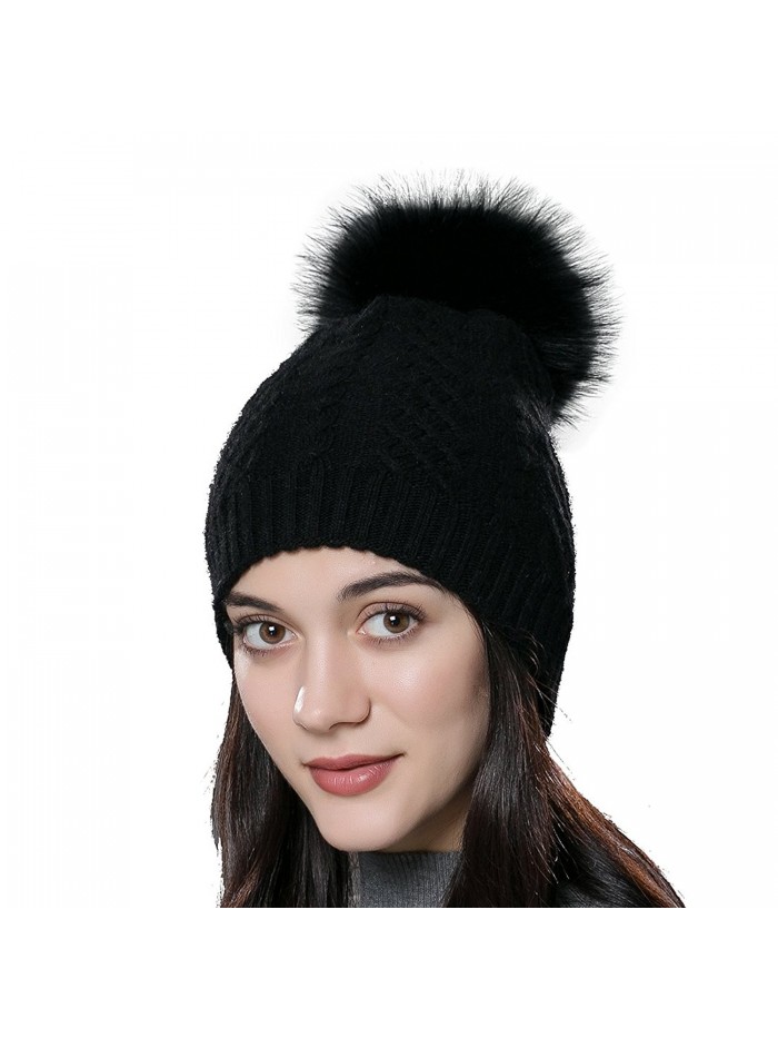 URSFUR Womens Winter Bobble Hat Unisex Wool Knit Beanie Cap with Fur Ball Pompom - Black With Fox Fur Pompom - CK12N23NCMT