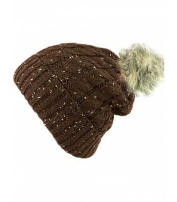 bogo Brands Fleece Lined Knit Beanie Hat with Faux Fur Pom Pom - 001 - Brown - CW188DOSNGQ