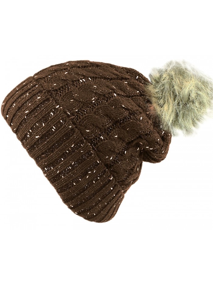 bogo Brands Fleece Lined Knit Beanie Hat with Faux Fur Pom Pom - 001 - Brown - CW188DOSNGQ