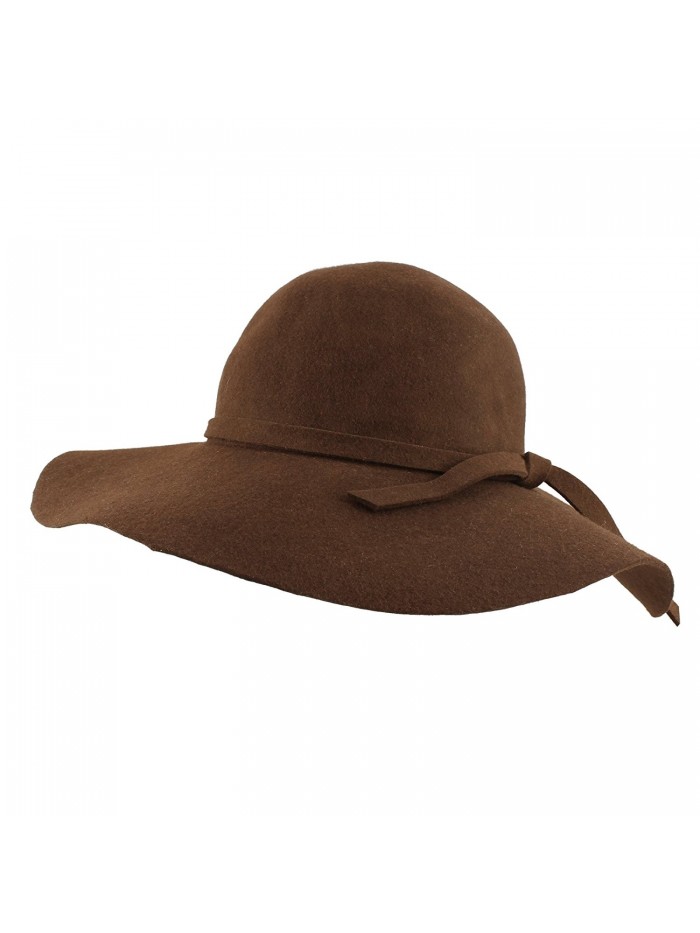 Morehats Women's Unisex 100% Wool Wide Floppy Brim Fedora with Ribbon Trim - Brown - CC11MEJFVBZ