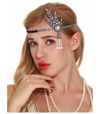 Art Deco 20s Flapper Headpiece - Great Gatsby Inspired Leaf Medallion Pearl Headband - Black-1 - CR185UIDLEZ