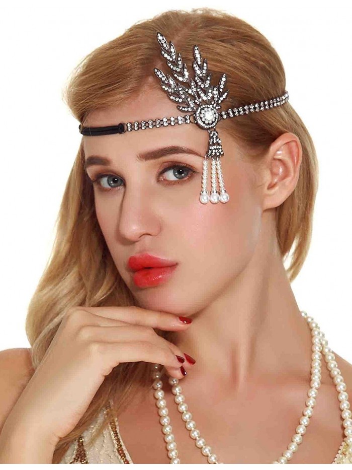 Art Deco 20s Flapper Headpiece - Great Gatsby Inspired Leaf Medallion Pearl Headband - Black-1 - CR185UIDLEZ