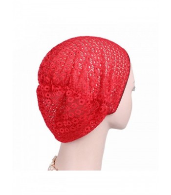 Qingfan Women Ruffle Cancer Chemo Elegant Lace Hat Beanie Scarf Turban Head Wrap Cap - Red - CL186494DLH