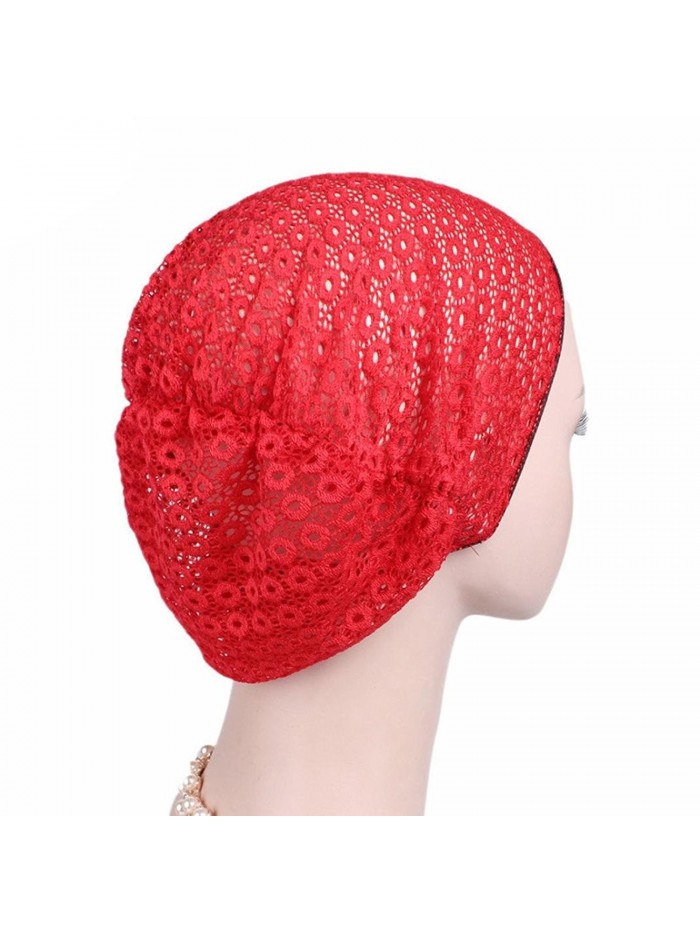 Qingfan Women Ruffle Cancer Chemo Elegant Lace Hat Beanie Scarf Turban Head Wrap Cap - Red - CL186494DLH