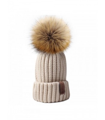 FURTALK Womens Knitted Winter Pom Beanie Hat Faux Fur Pom Pom bobble Hat beanie for girls - Beige - CJ185UEZLZ5