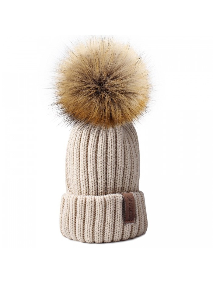 FURTALK Womens Knitted Winter Pom Beanie Hat Faux Fur Pom Pom bobble Hat beanie for girls - Beige - CJ185UEZLZ5