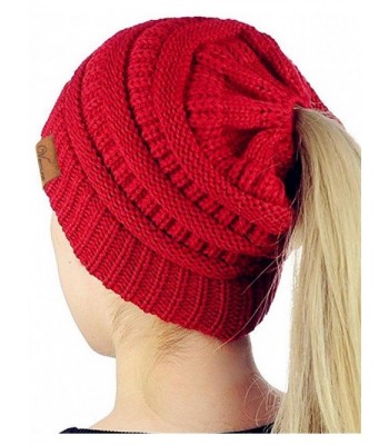 VeMee Ponytail Beanie Winter Chunky Messy Bun Beanie Stretch Cable Knit Hat Cap - Dark Red - CR188C20UN0