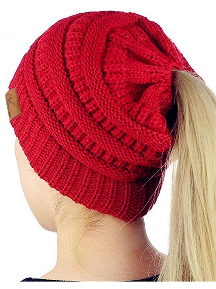 VeMee Ponytail Beanie Winter Chunky Messy Bun Beanie Stretch Cable Knit Hat Cap - Dark Red - CR188C20UN0