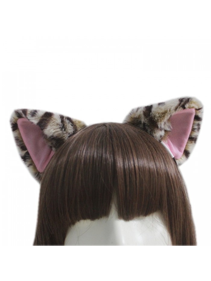 E-TING Cat Fox Long Fur Ears Anime Cosplay Headband Halloween Cosplay Party Costume - Leopard with Pink inside - C112BTNFOVN