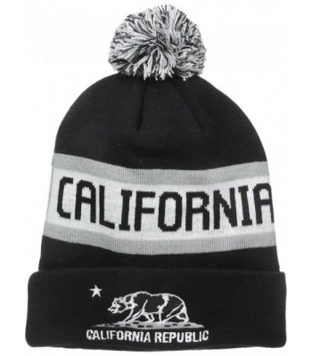 American Cities Unisex California Republic Bear Cuff Pom Pom Beanie Knit Hat Cap - Black White - CK11O96QJM1