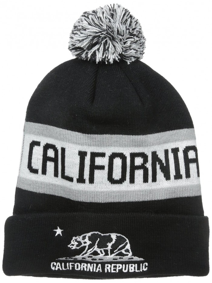 American Cities Unisex California Republic Bear Cuff Pom Pom Beanie Knit Hat Cap - Black White - CK11O96QJM1