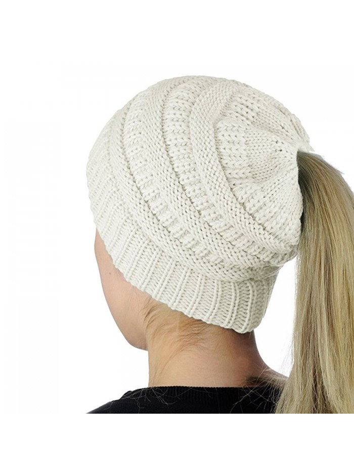 Mimgo Trendy Women Winter Knit Hat Beanie Tail Hat Ponytail Stretch High Bun Knit Hat (White) - CF1889Q2G68