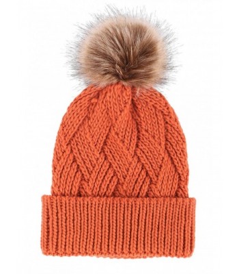 Arctic Paw Diamond Weave Knit Beanie with Faux Fur Pompom - Orange - C6185LWHS6H