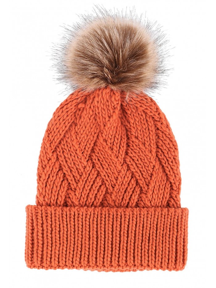 Arctic Paw Diamond Weave Knit Beanie with Faux Fur Pompom - Orange - C6185LWHS6H Arctic Paw Diamond Weave Knit Beanie with Faux Fur Pompom - Orange - C6185LWHS6H