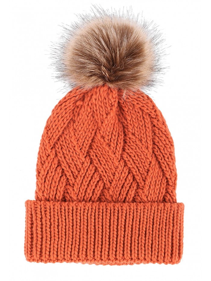 Arctic Paw Diamond Weave Knit Beanie with Faux Fur Pompom - Orange - C6185LWHS6H