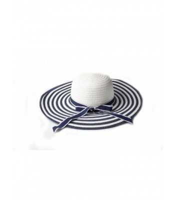 Women's Navy and White Stripe Wide Brim Straw Hat with Ribbon Bow Detail - C61220S5WX1