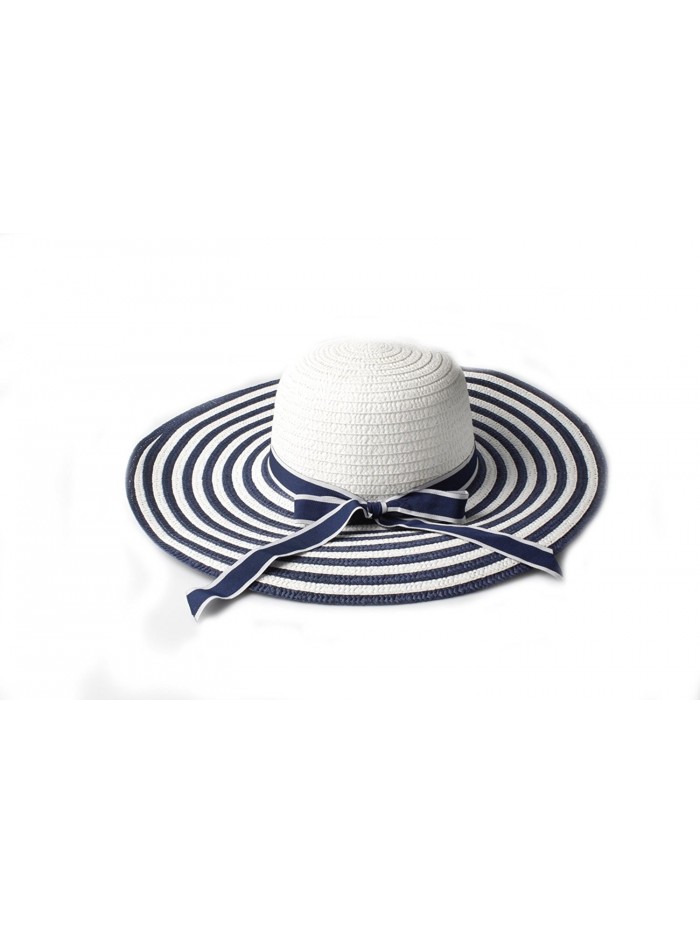 Women's Navy and White Stripe Wide Brim Straw Hat with Ribbon Bow Detail - C61220S5WX1