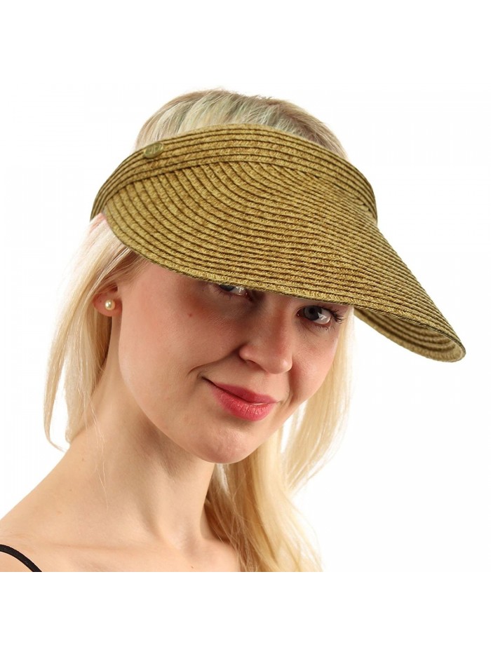 UPF UV Sun Protect Wide Braid Brim Clip Visor Open Back Beach Golf Cap Hat - Wheat - C9183KOQK5L