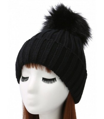 Woogwin Womens Winter Knit Beanie Hat Warm Fleece Pom Pom Slouchy Skull Ski Caps - Black - C6189NZKILN