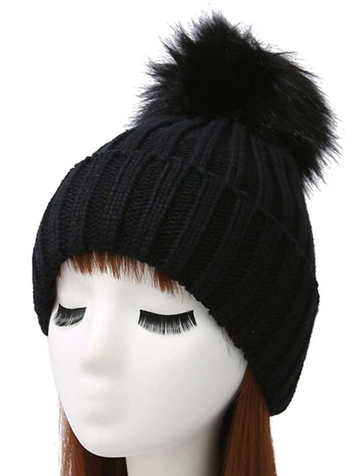 Woogwin Womens Winter Knit Beanie Hat Warm Fleece Pom Pom Slouchy Skull Ski Caps - Black - C6189NZKILN