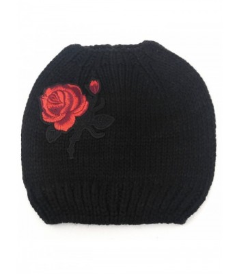 MWS Messy Bun Beanie For Women Small- toboggan Hat With Pony Tail Hole- Vintage Flower Patch - Black/ Red Rose - CR187QQ83KW