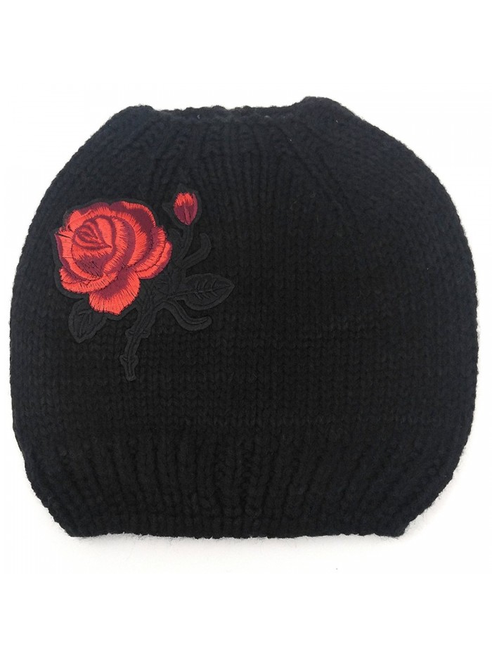 MWS Messy Bun Beanie For Women Small- toboggan Hat With Pony Tail Hole- Vintage Flower Patch - Black/ Red Rose - CR187QQ83KW