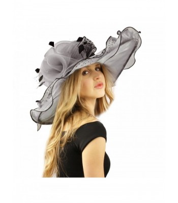 Grand Wide 8" Brim Floral Polka Dot Derby Floppy Organza Dressy Party Hat - Gray - CV12E9XM8QT