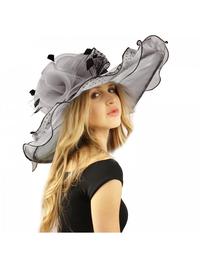 Grand Wide 8" Brim Floral Polka Dot Derby Floppy Organza Dressy Party Hat - Gray - CV12E9XM8QT