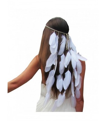 PRAGOO Feather Headband Bohemia Hairband Wedding Bride Headwear White Tassel Fascinator - C4184NLMSEA