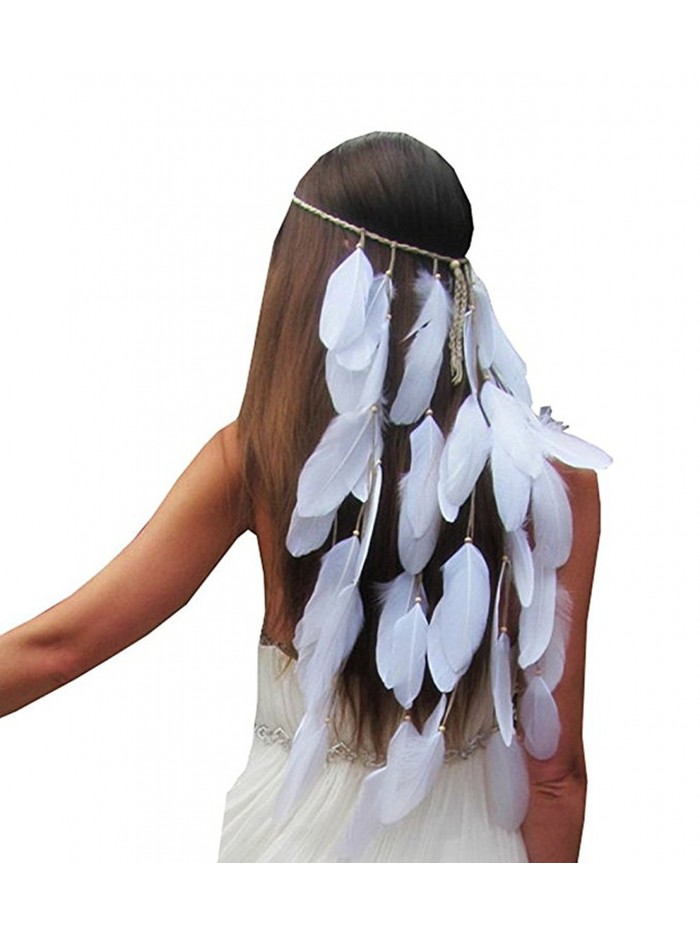 PRAGOO Feather Headband Bohemia Hairband Wedding Bride Headwear White Tassel Fascinator - C4184NLMSEA