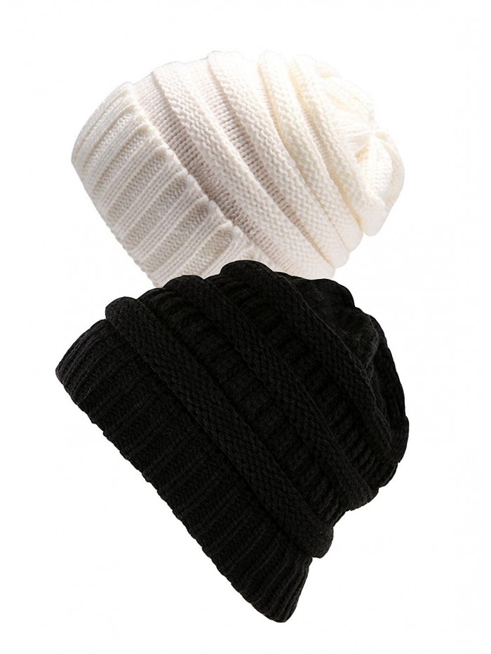 Echo Paths Unisex Knit Winter Warm Cozy Chunky Cable Slouchy Skully Beanie Thick Hat - Black and White - CH184YLXRIN