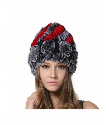 MEEFUR Rex Rabbit Fur Beanies For Female Flower Design Real Fur Hats - Red&grey - CN182KIHYCH