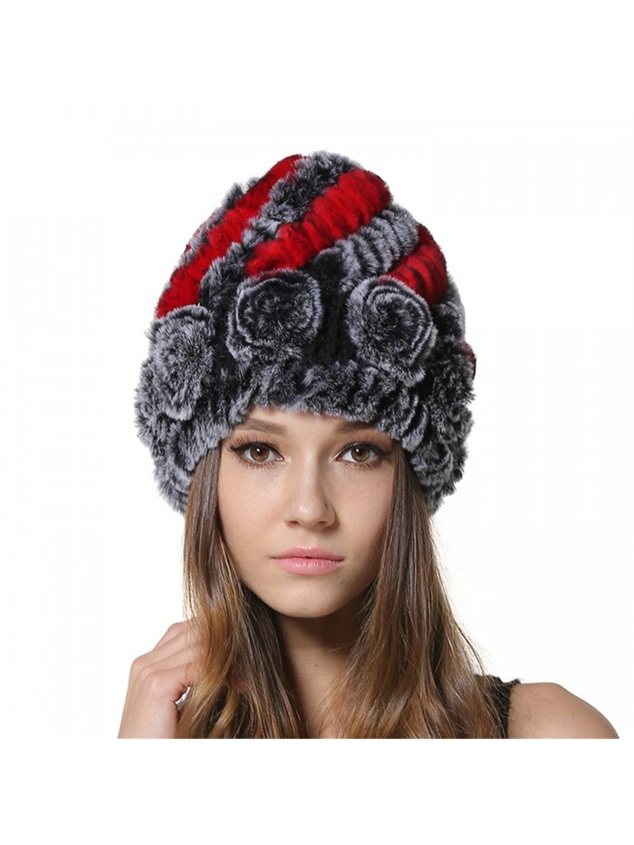 MEEFUR Rex Rabbit Fur Beanies For Female Flower Design Real Fur Hats - Red&grey - CN182KIHYCH