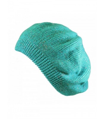 Morehats Women's Warm Metallic Stripe Knit Beret Hat - Teal - CF11LGXY20L