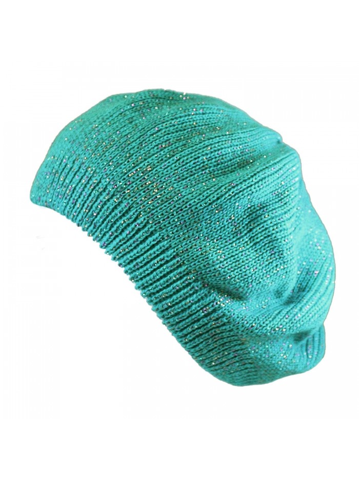 Morehats Women's Warm Metallic Stripe Knit Beret Hat - Teal - CF11LGXY20L