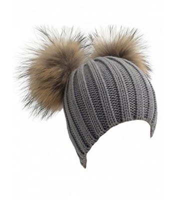Womens Crochet Hat Raccoon Fur Double Pom Pom Bobble Beanie Warm Winter Ski Cap - Grey - C1186NNOHLK