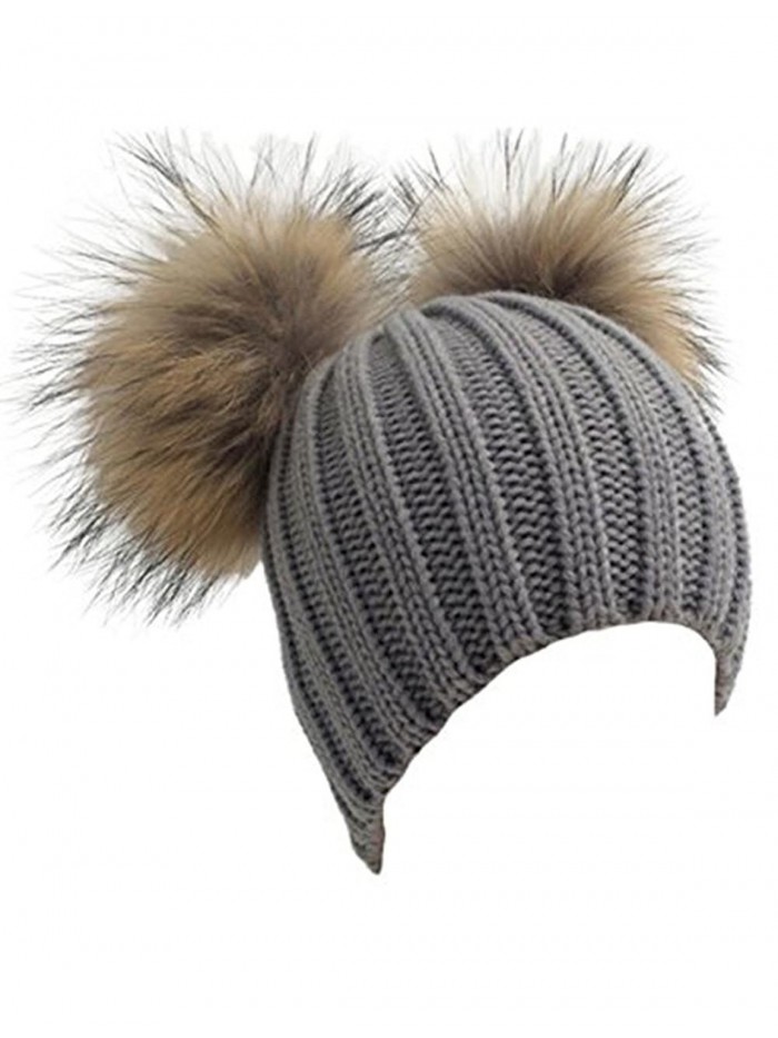 Womens Crochet Hat Raccoon Fur Double Pom Pom Bobble Beanie Warm Winter Ski Cap - Grey - C1186NNOHLK