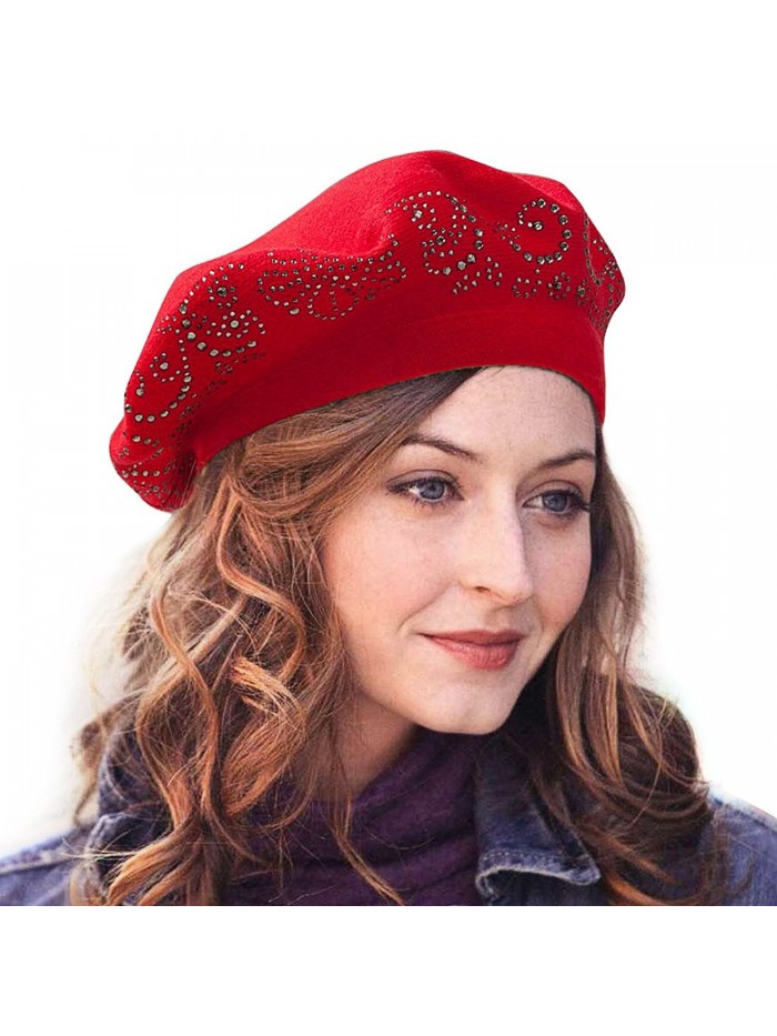 LADYBRO Wool Beret For Women 2 Layers Rhinestones headgear Knit Hats Winter Warm Soft - Grey - CA187L689R8