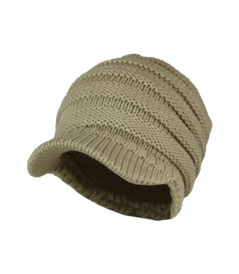 Warm Cable Ribbed Knit Beanie Hat w/ Visor Brim - Chunky Winter Skully Cap - Tan - CS185XM7W26