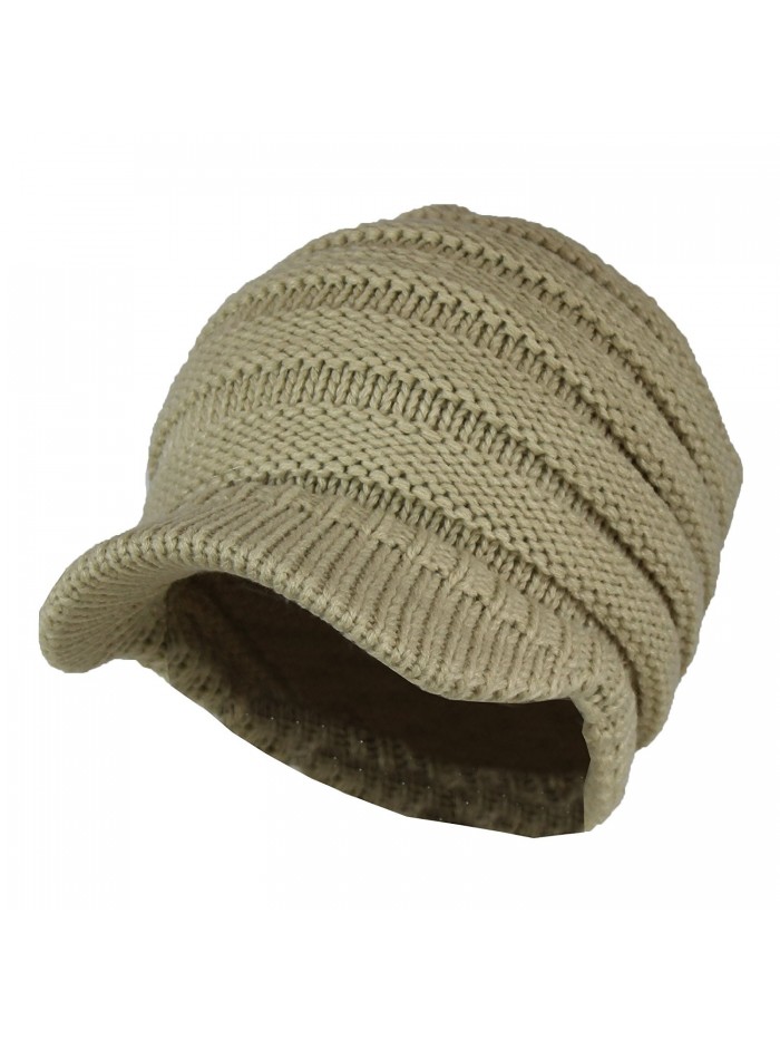 Warm Cable Ribbed Knit Beanie Hat w/ Visor Brim - Chunky Winter Skully Cap - Tan - CS185XM7W26