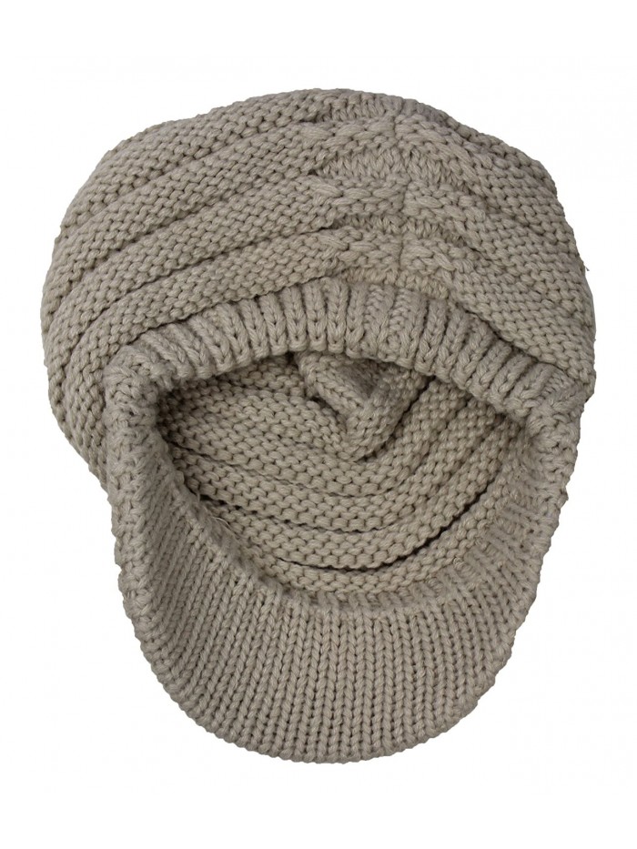 Warm Cable Ribbed Knit Beanie Hat w/ Visor Brim - Chunky Winter Skully ...