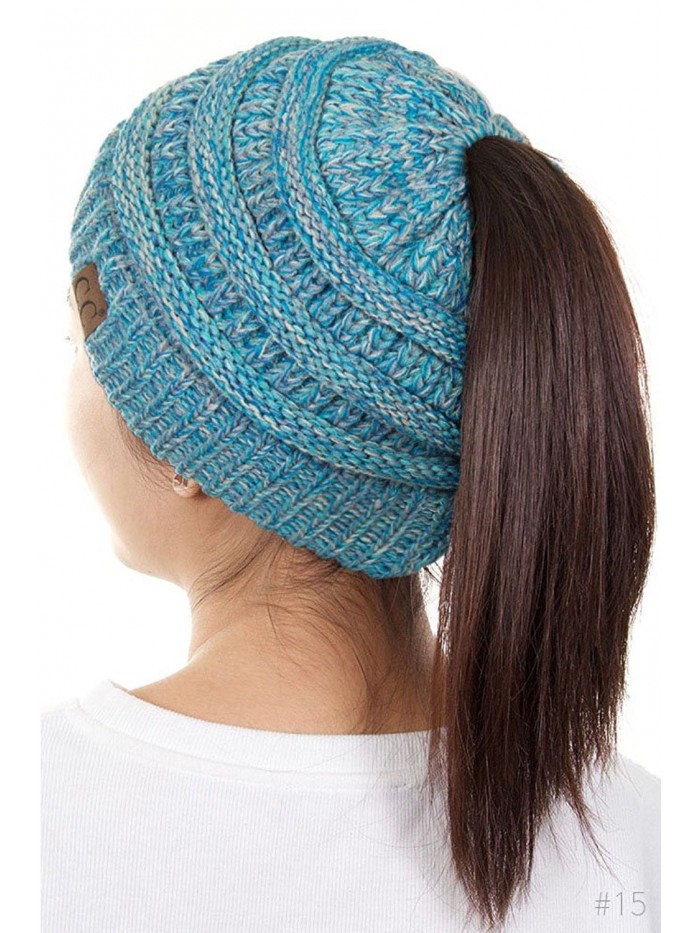 ScarvesMe C.C Four Tone Beanietail Ponytail Messy Bun Solid Ribbed Beanie Hat Cap - 15 - CB185658XQ9