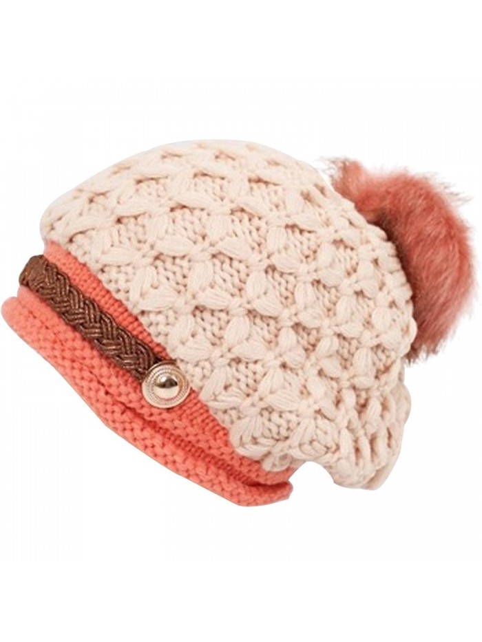Womens Winter Fur POM POM Crochet Knit Beanie Cap Hat With Braided Leather Band - Biege - C111PAJRX1L