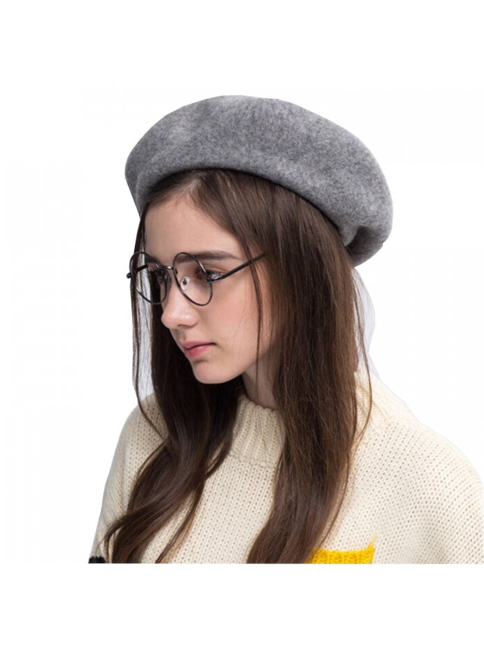 Klong Women Wool Beret Hat French Style Solid Color - Dark Grey - CB188YRWG08