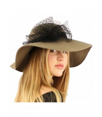 Winter 100% Wool Felt Netted Ribbon Bow Floppy Wide Brim Derby Church Hat - Taupe - C1127XA4Q9B