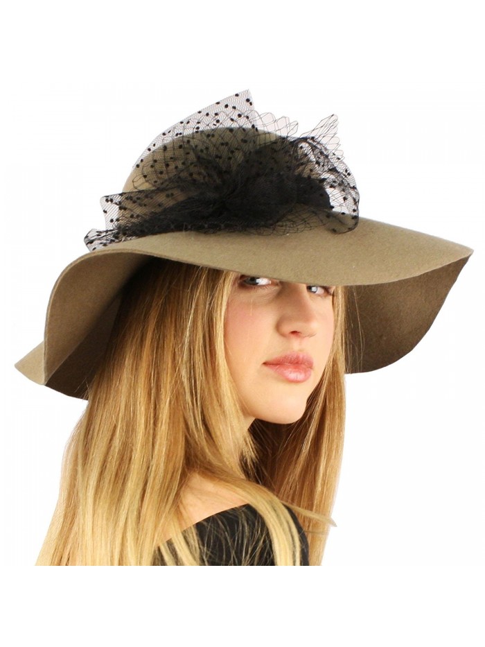 Winter 100% Wool Felt Netted Ribbon Bow Floppy Wide Brim Derby Church Hat - Taupe - C1127XA4Q9B