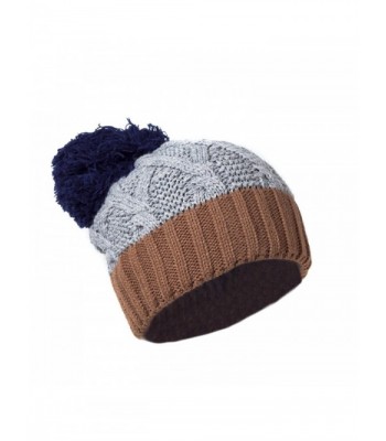 Chic Warm Chenille Ski Beanie w/Pom Pom- Vintage Color Block Cable Knit Cap - Gray with Brown and Navy - C111R1912M5