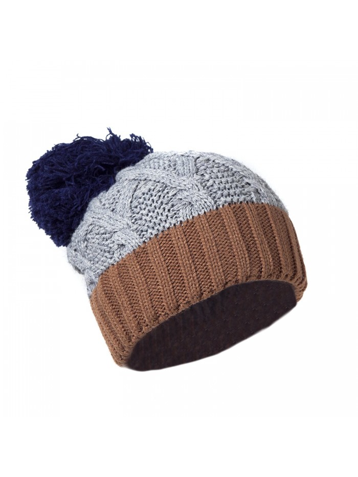 Chic Warm Chenille Ski Beanie w/Pom Pom- Vintage Color Block Cable Knit Cap - Gray with Brown and Navy - C111R1912M5