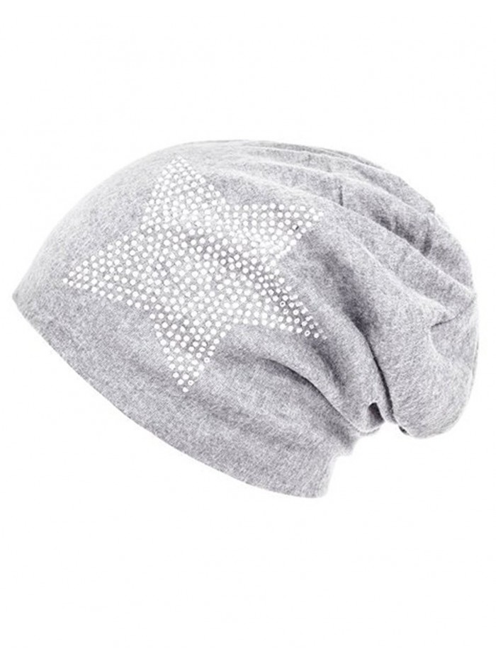 I wish Women's Star Rhinestone Cotton Knit Beanie Sleep Turban for Cancer - Light Grey - CH12MZ1535G